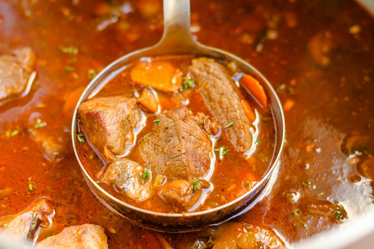 A ladle of keto beef stew.