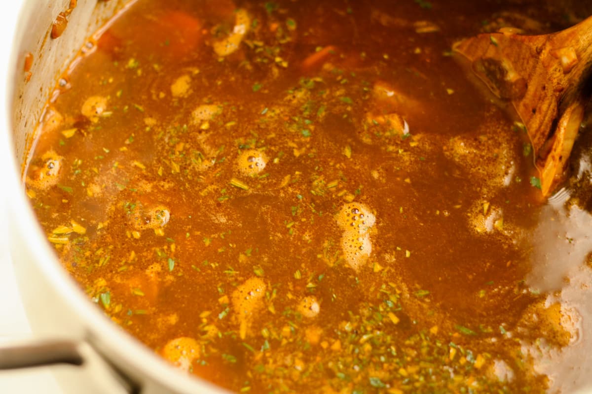 Soup simmering on the stove.