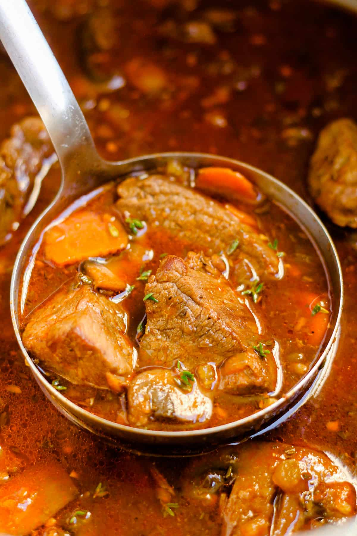 A ladle of low carb beef stew.