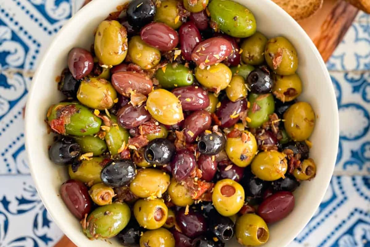 A bowl of marinated olives.