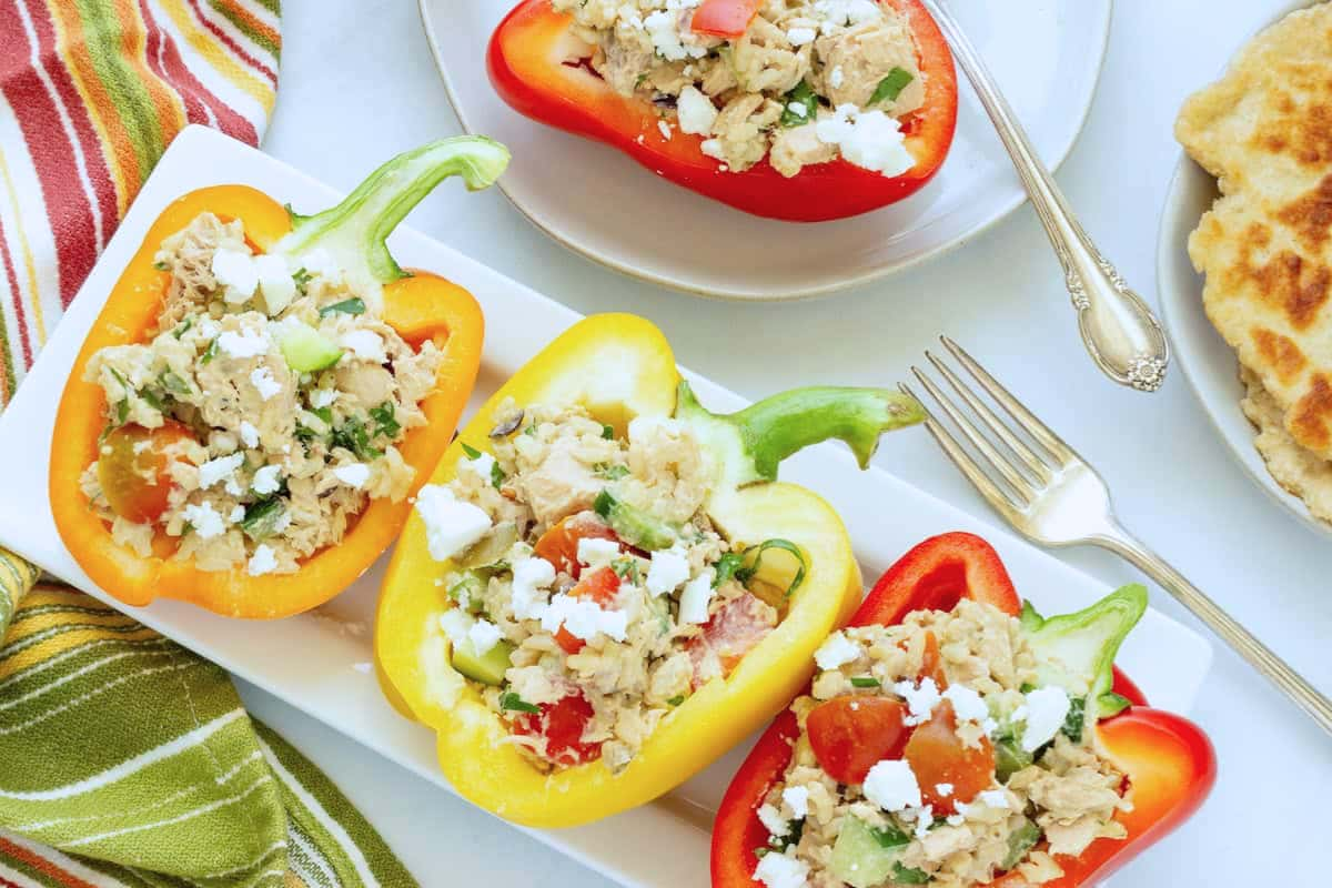 A plate of mediterranean tuna stuffed peppers.