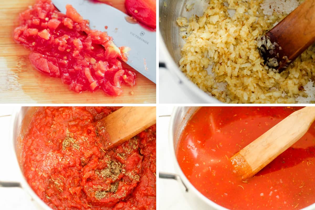 A grid of process shot images of sauce being made.