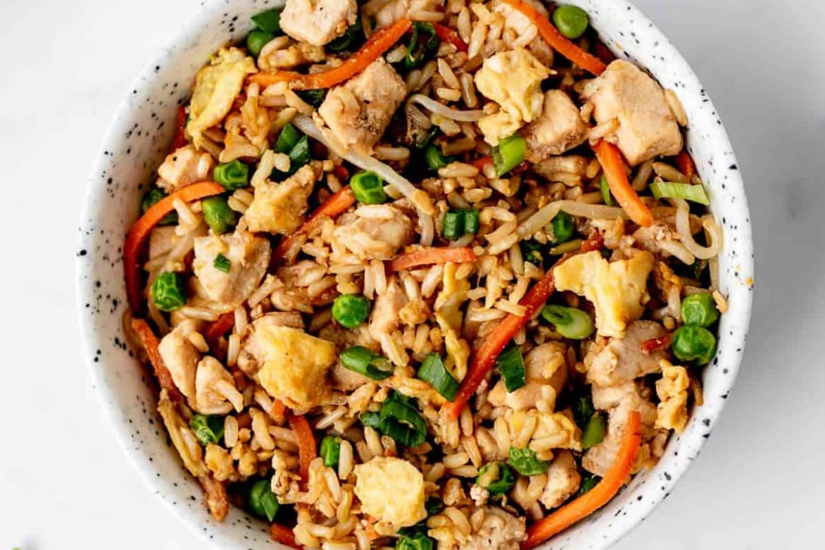 A bowl of pf changs fried rice recipe.