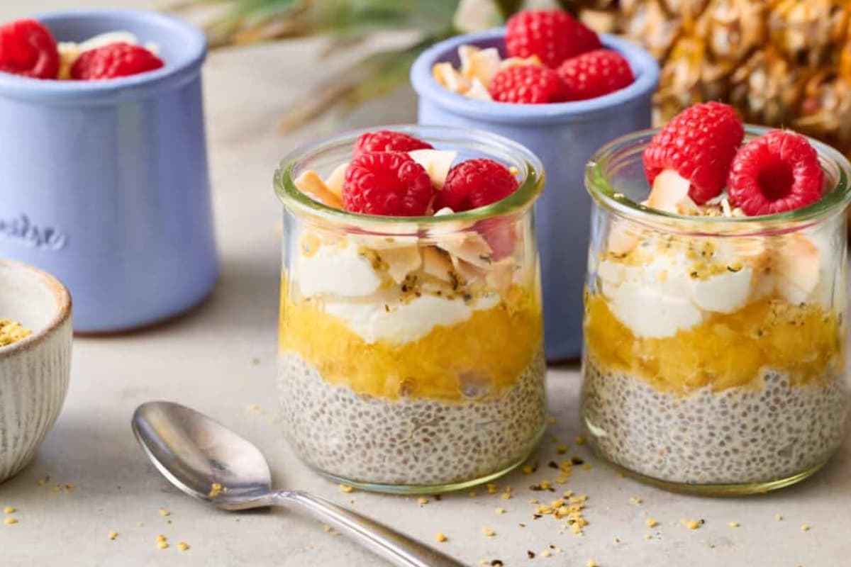 Jars of pineapple chia seed pudding.