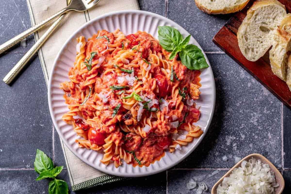 A bowl of pink sauce with chicken pasta.