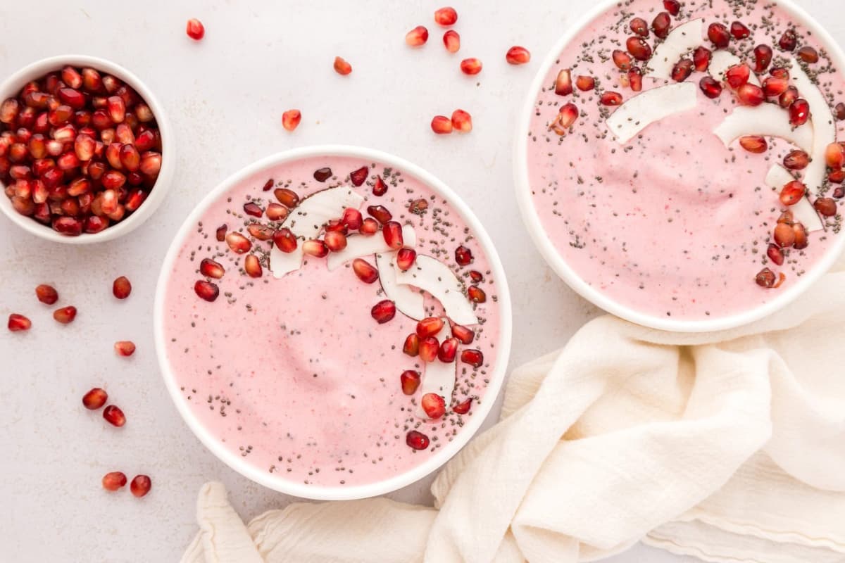 Overhead image of pomegranate smoothies.