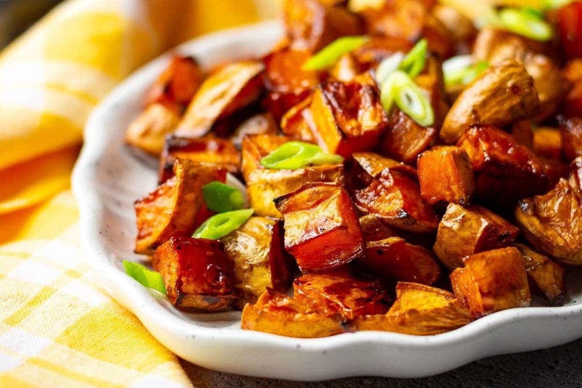 A plate of roasted balsamic sweet potatoes.