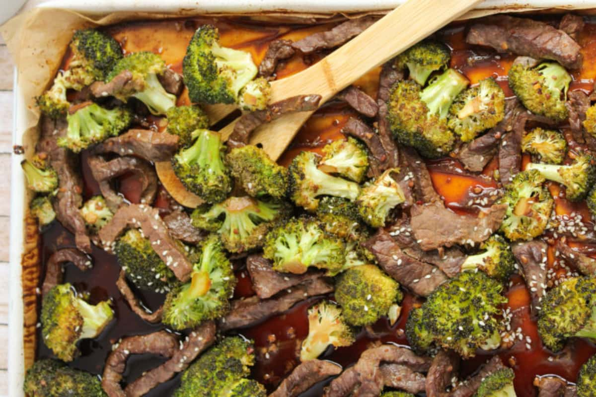 A sheet pan of beef and broccoli.