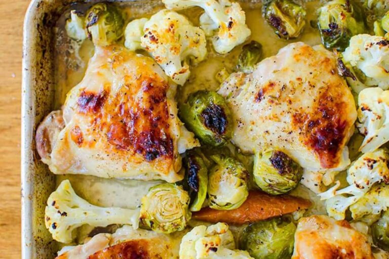 A sheet pan chicken thigh tray bake.