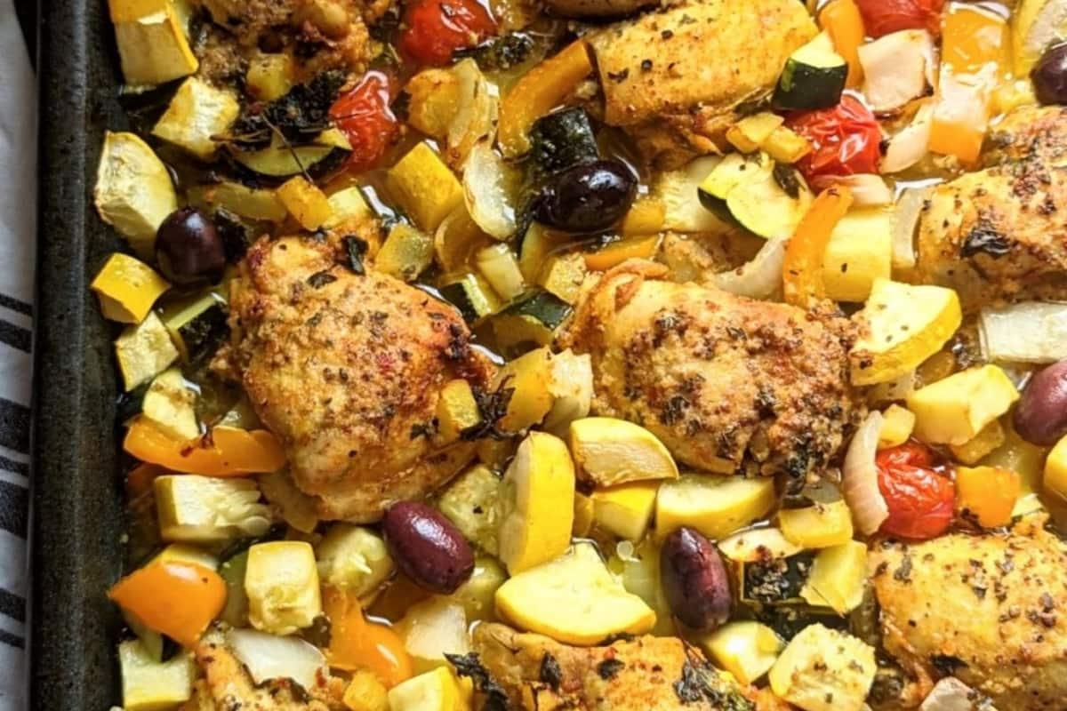 A sheet pan of chicken and veggies.