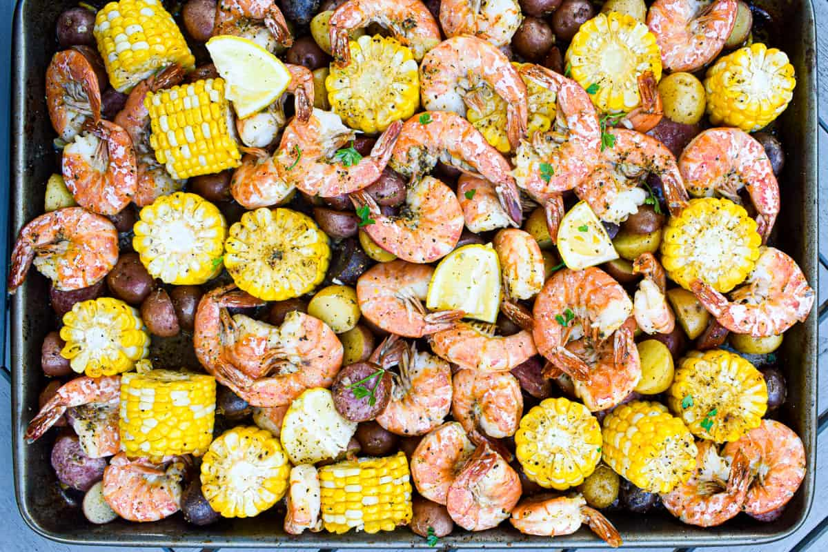 Overhead image of a sheet pan shrimp boil.