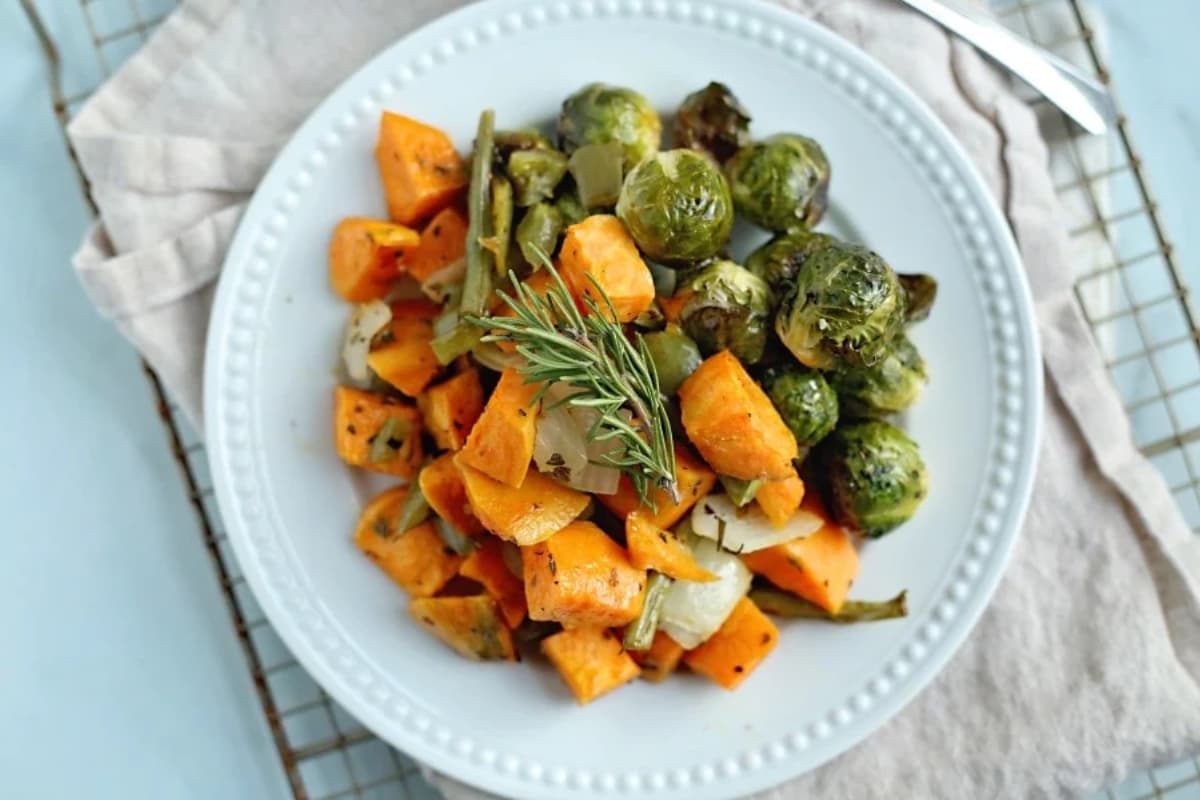 A plate of sheet pan sweet potatoes.