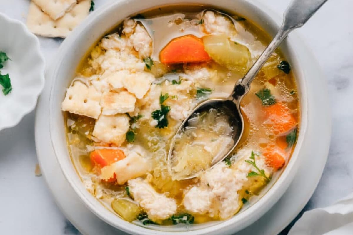 A bowl of spaghetti squash chicken soup.