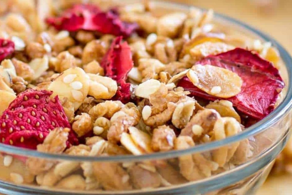 A dish of strawberry granola.