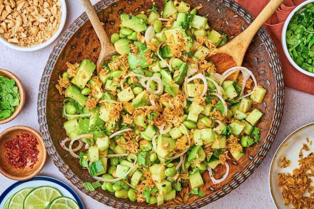 A bowl of crispy rice salad.