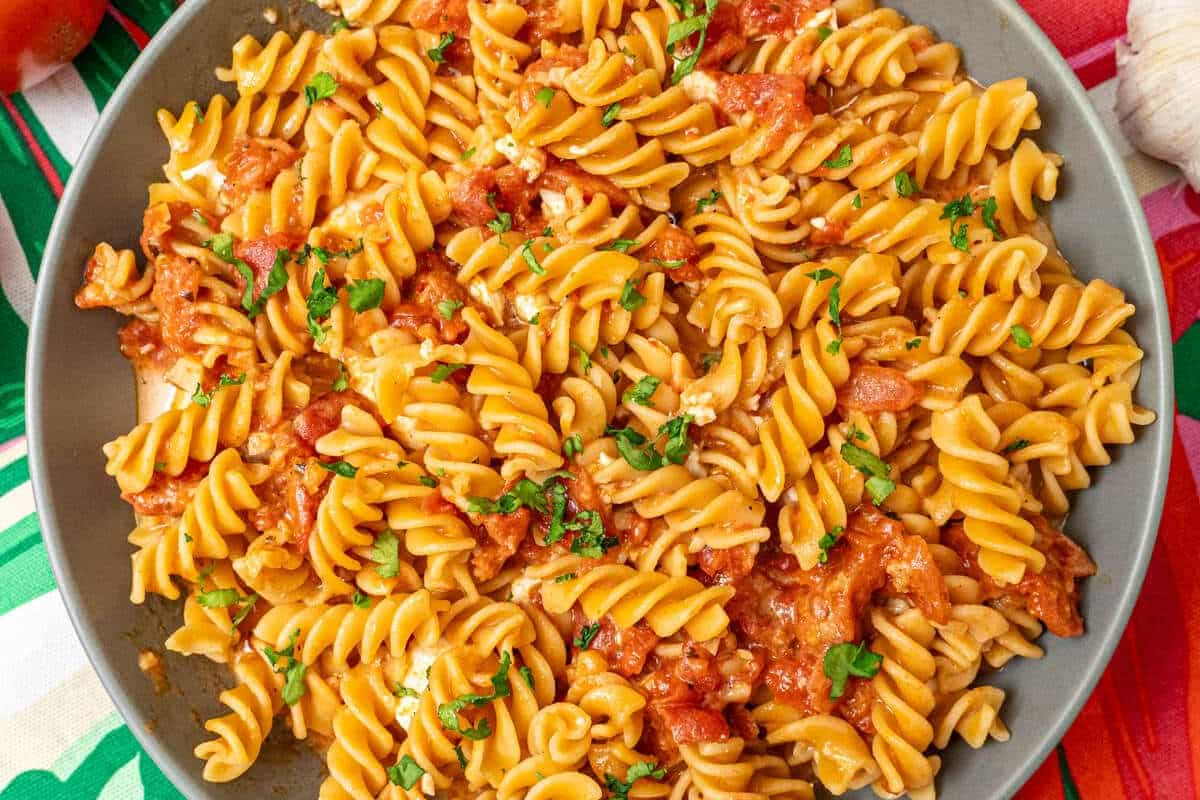 A plate of easy tomato chickpea pasta.