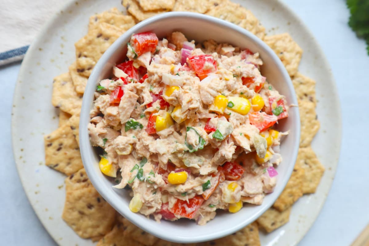 A bowl of tuna corn salad.