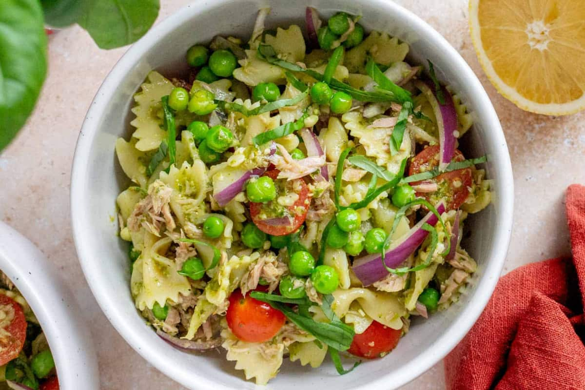 A bowl of tuna pesto pasta.