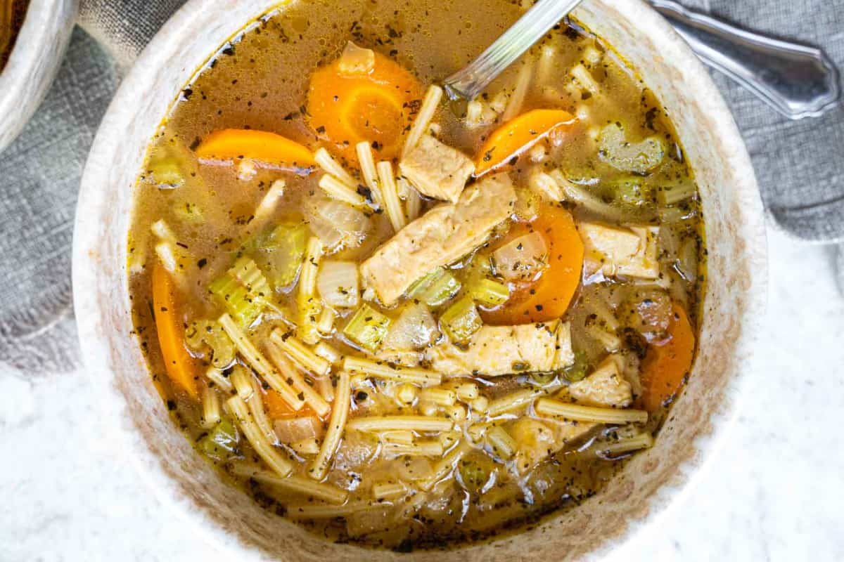 A bowl of vegan chicken soup.