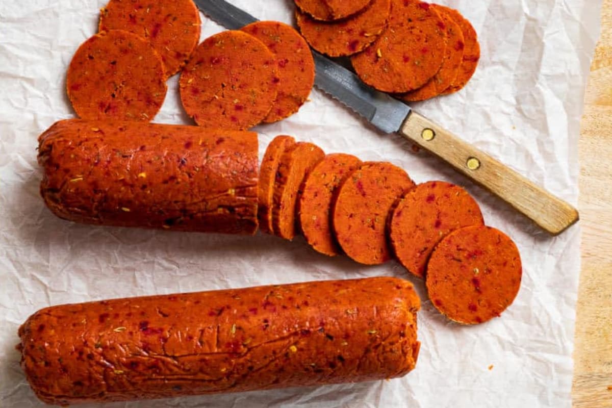 A plate of vegan pepperoni.