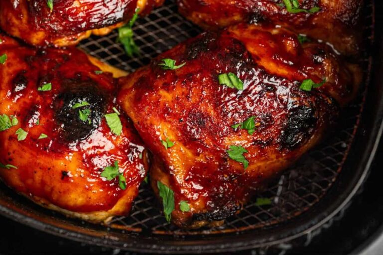 A dish of air fryer bbq chicken thighs.