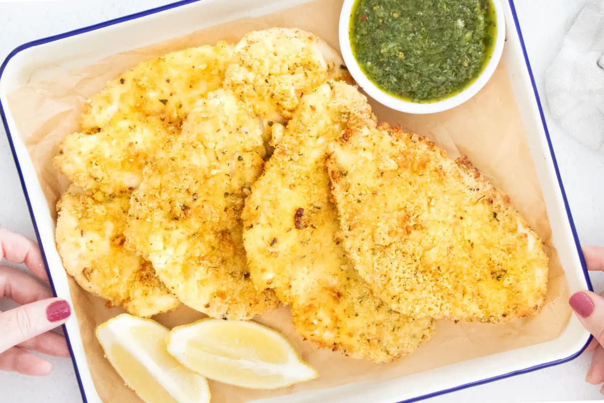 A tray of air fryer chicken cutlets.