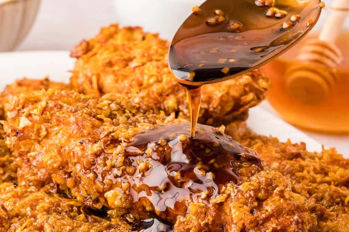 A plate of air fryer honey garlic chicken tenders.