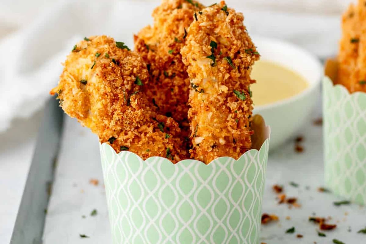 A tray of almond flour chicken tenders.