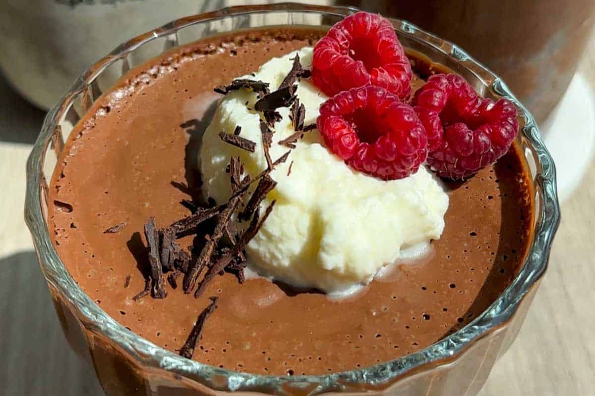 A dish of aquafaba chocolate mousse.