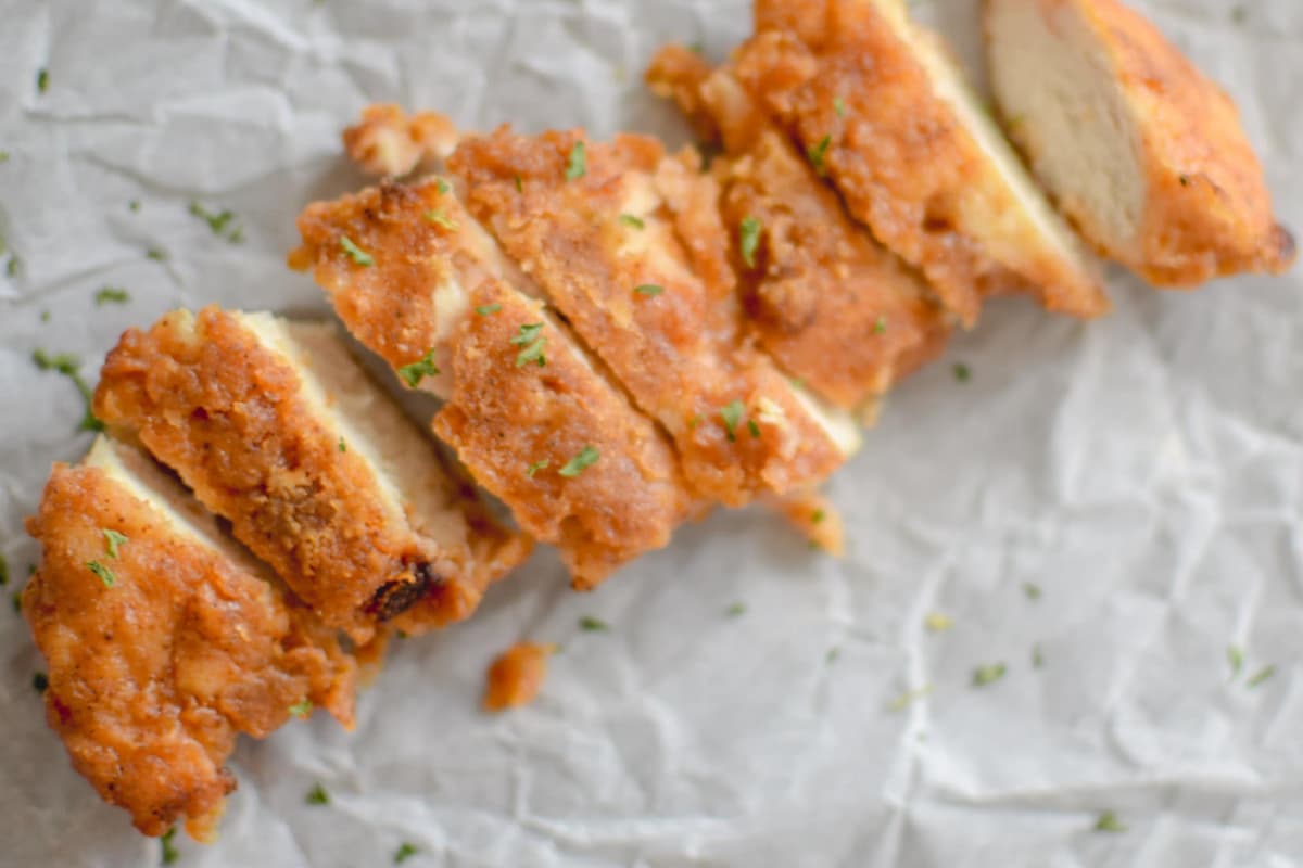 Sliced baked fried chicken.