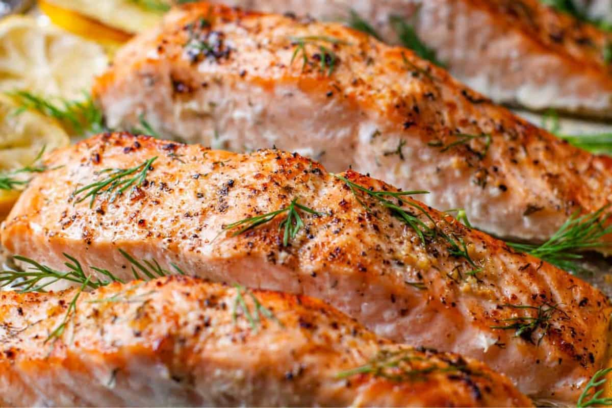 A tray of baked lemon dill salmon.