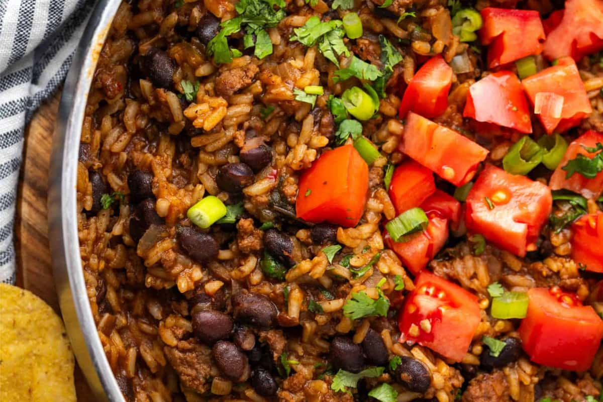 Overhead image of a beef and rice skillet.