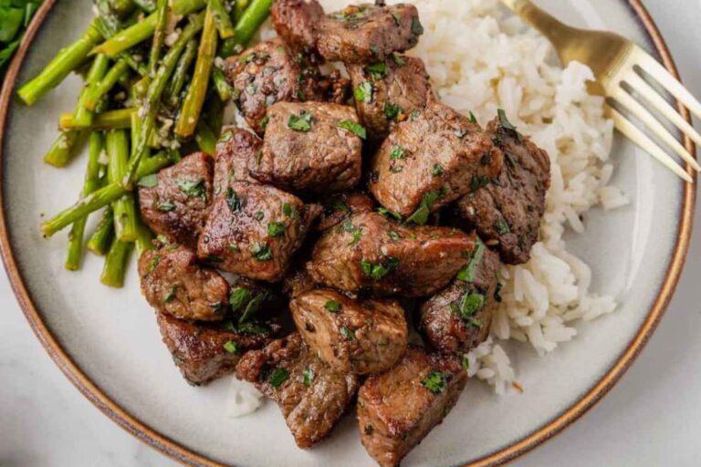 A plate of beef tenderloin tips.