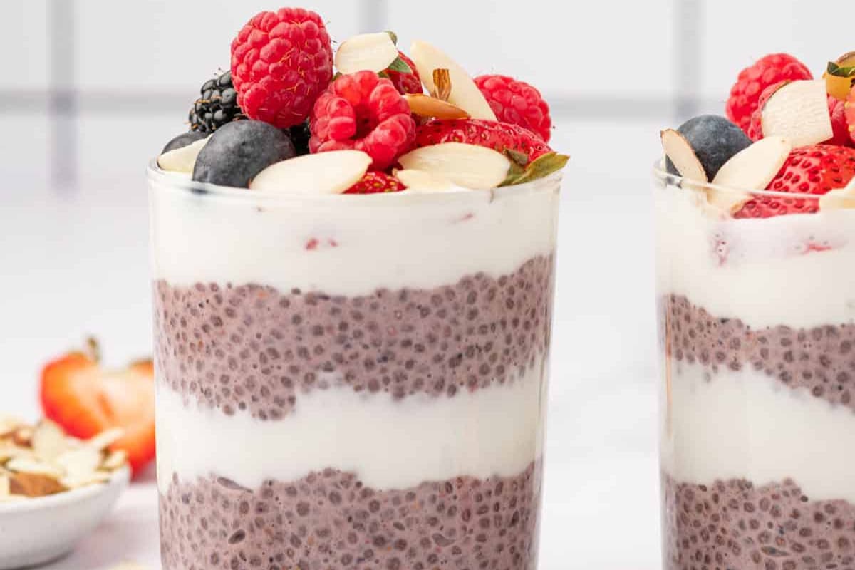 A dish of yogurt chia seed pudding.