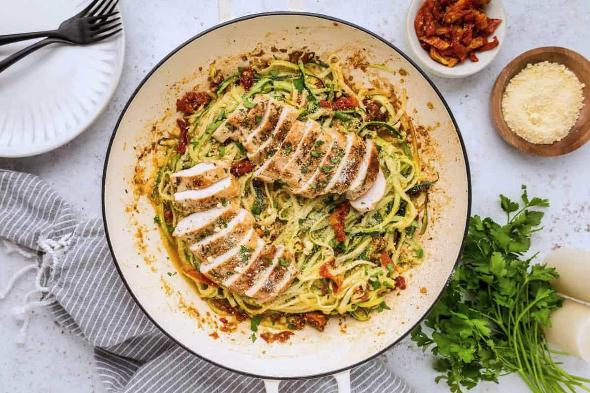 A plate of chicken zucchini pasta.