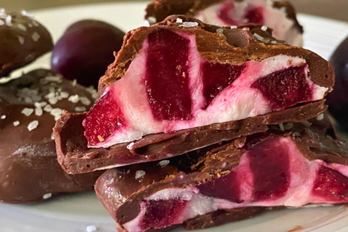 A plate of chocolate cherry yogurt clusters.