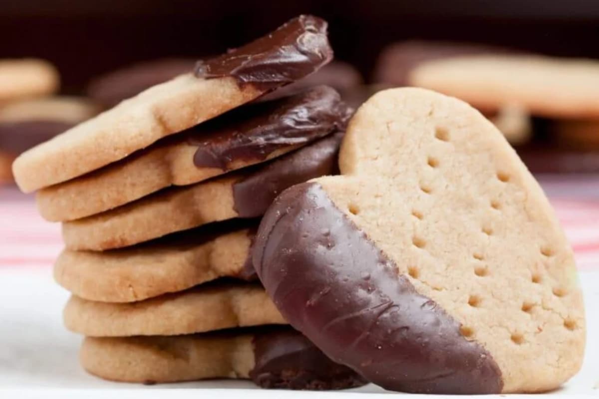 A plate of chocolate dipped cookies.