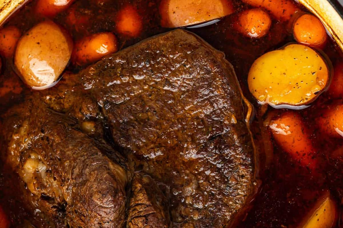 Overhead image of a dutch oven pot roast.