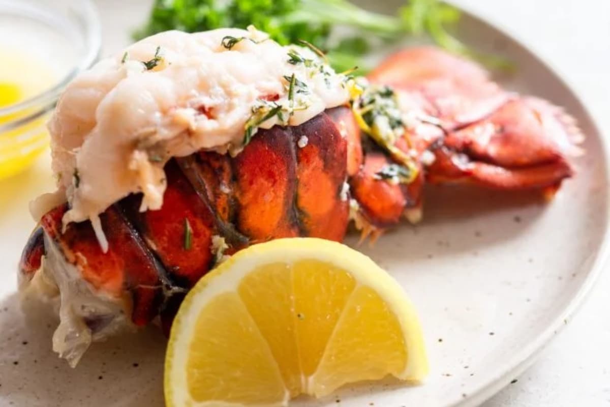 A plate of easy broiled lobster tails.