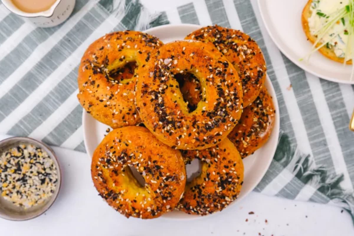 Overhead of a plate of protein bagels.