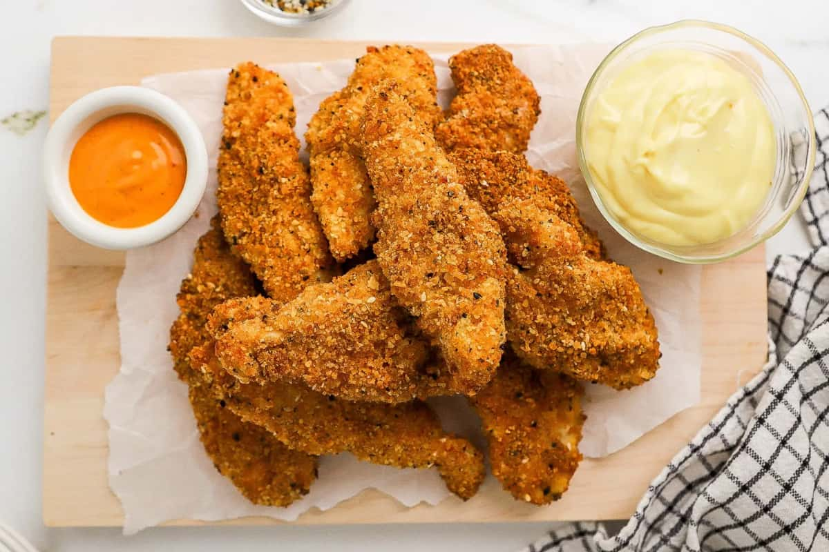 A tray of gluten-free air fryer chicken tenders.