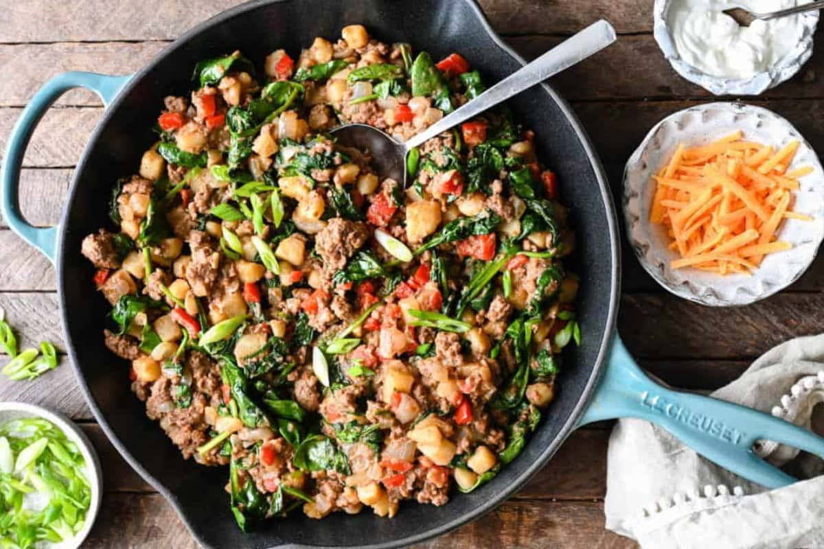 Overhead image of a ground beef and potatoes skillet.