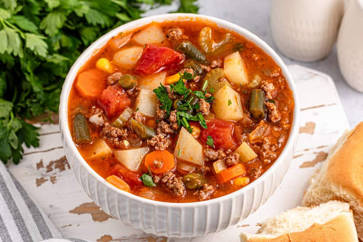 A bowl of hamburger soup.