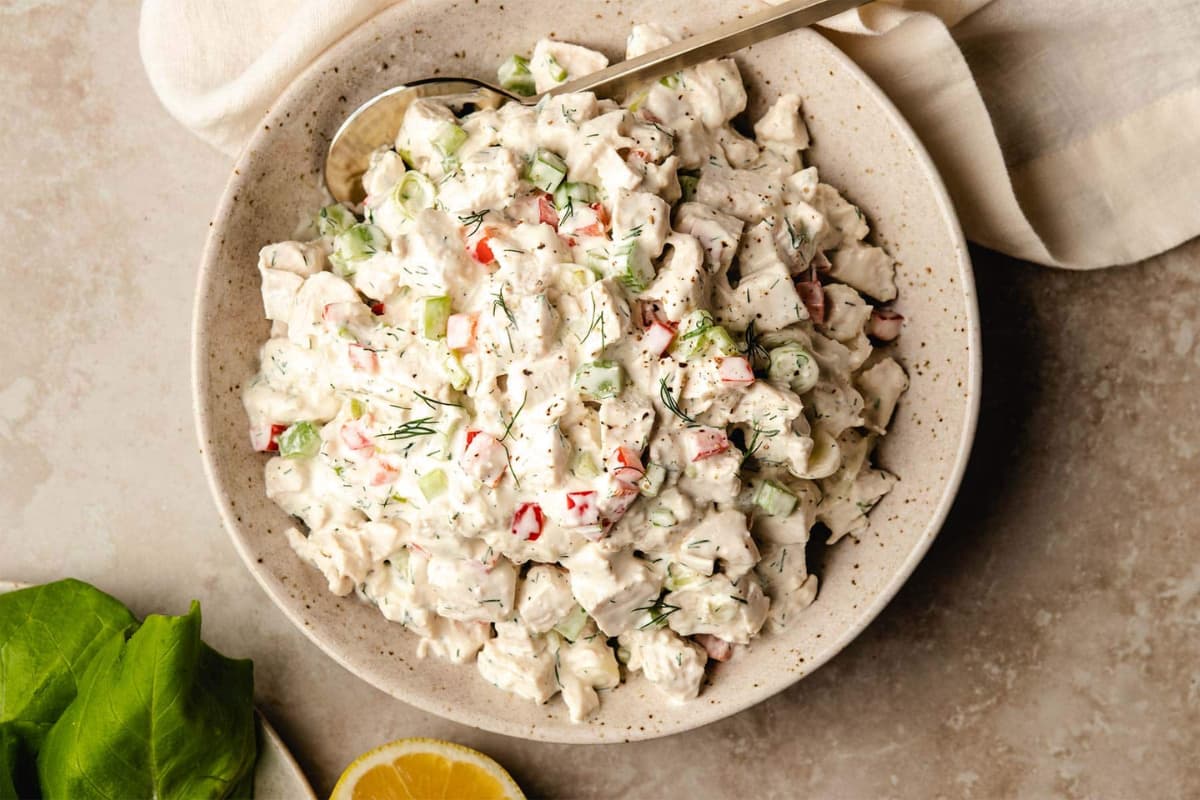 A bowl of instant pot chicken salad.