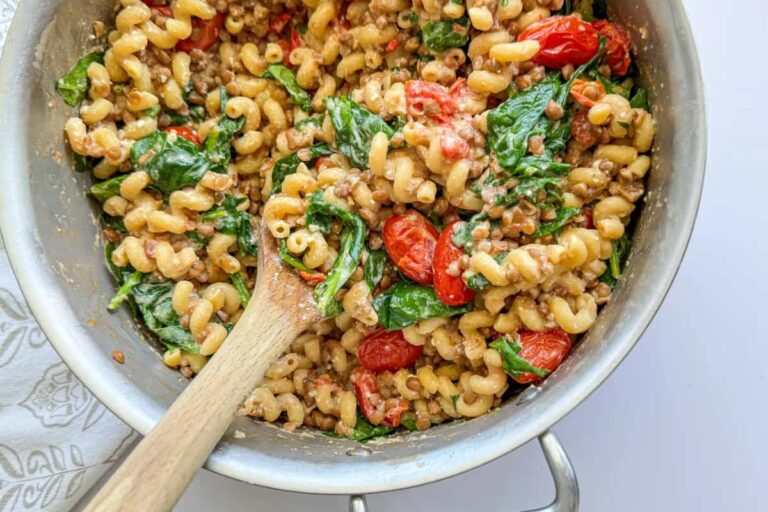 A skillet of lentil pasta.