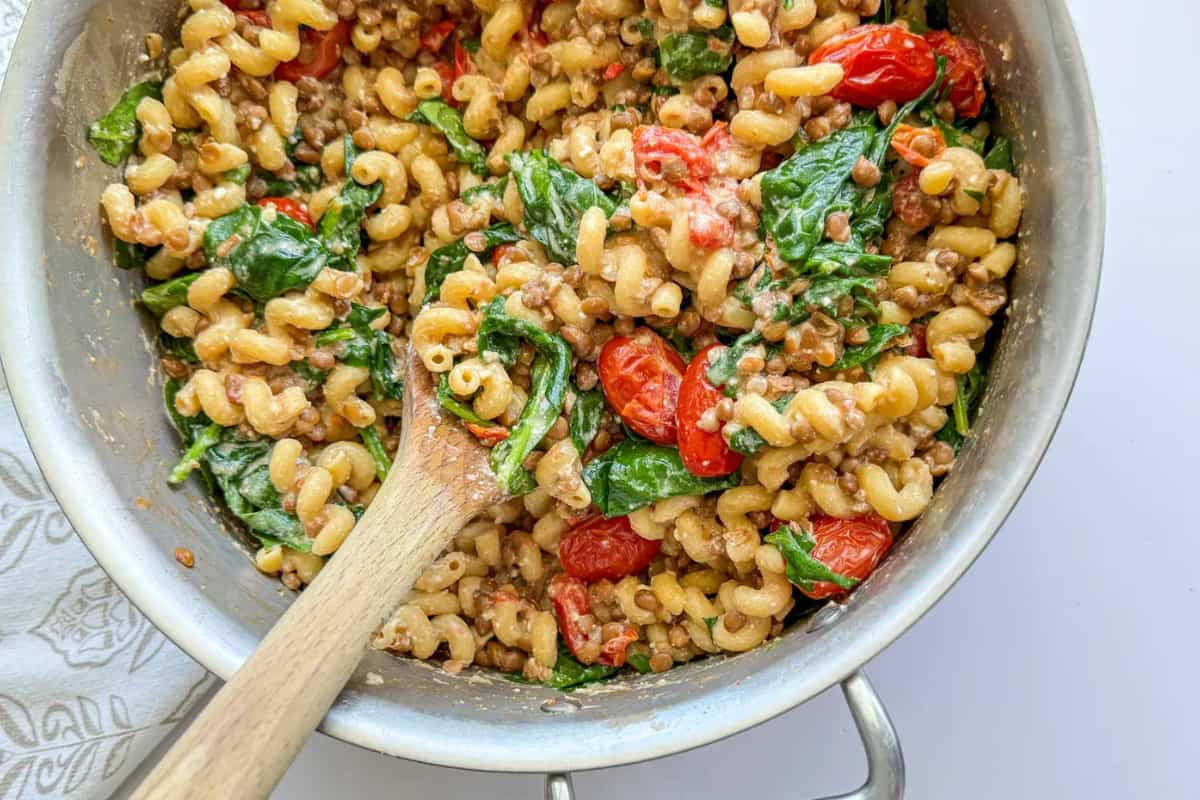 A pot of lentil pasta.