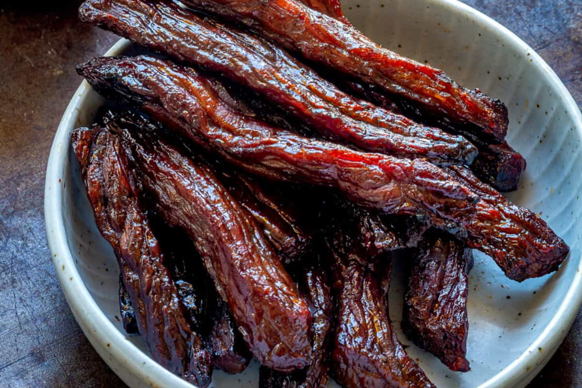 A bowl of low carb beef jerky.