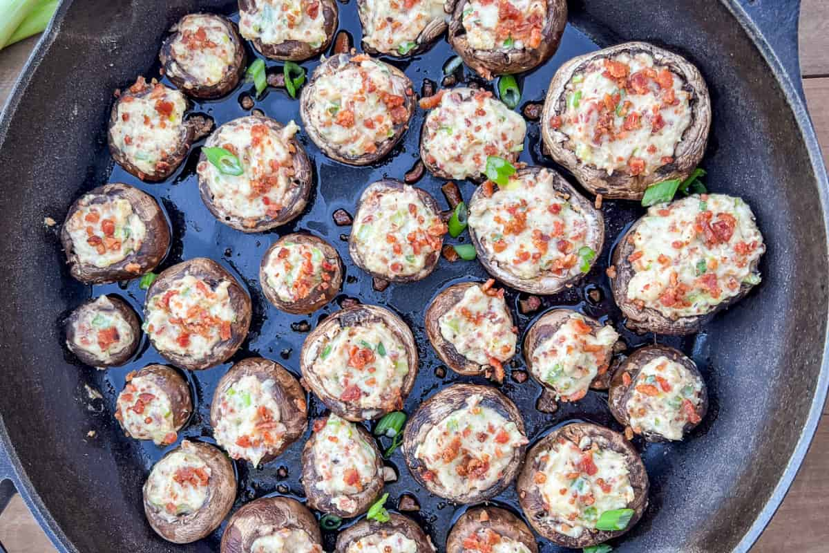 A skillet of low carb cream cheese mushrooms.