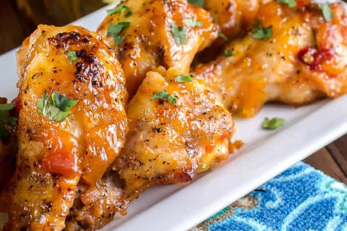 A plate of mango habanero wings.