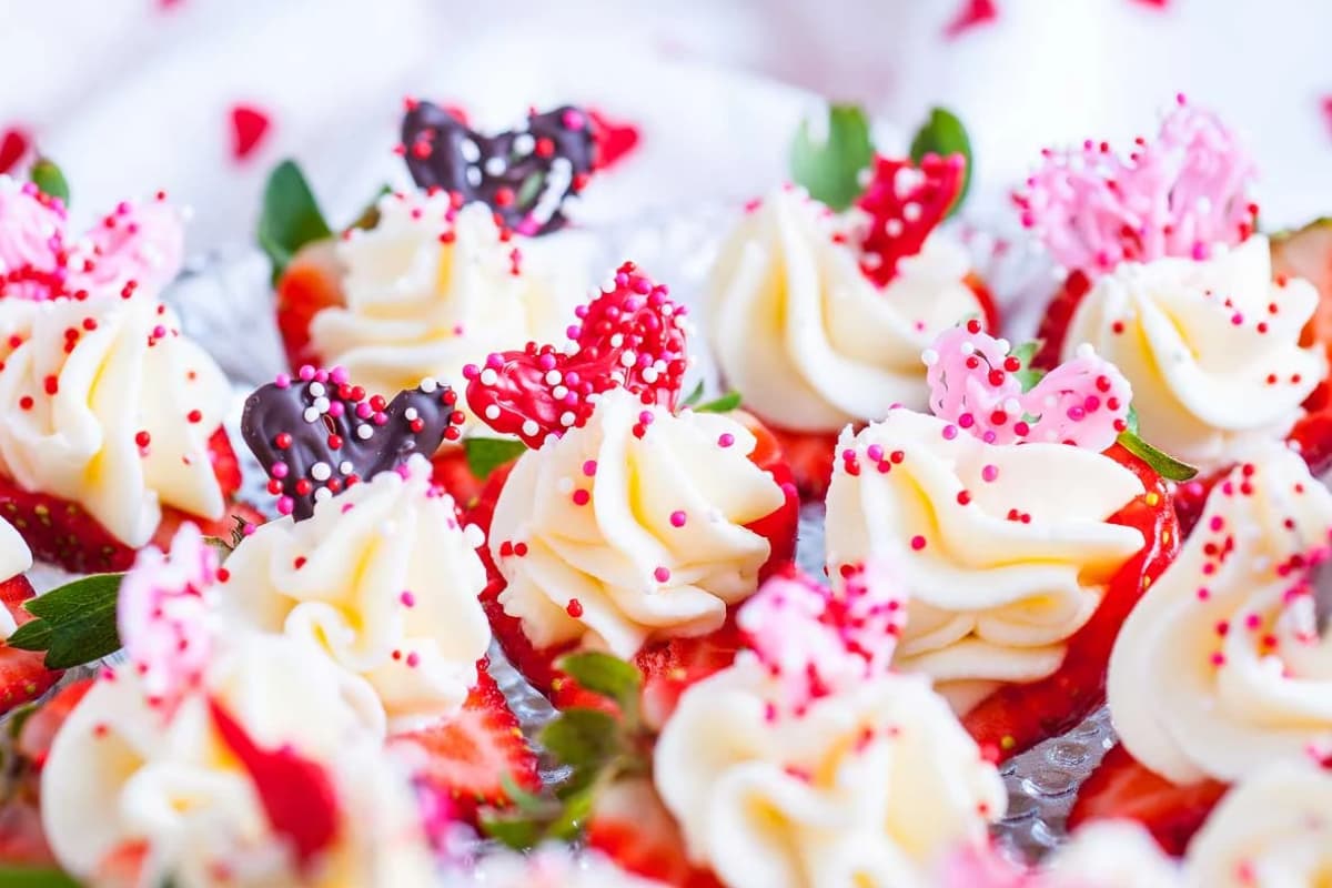 A plate of mascarpone stuffed strawberries.